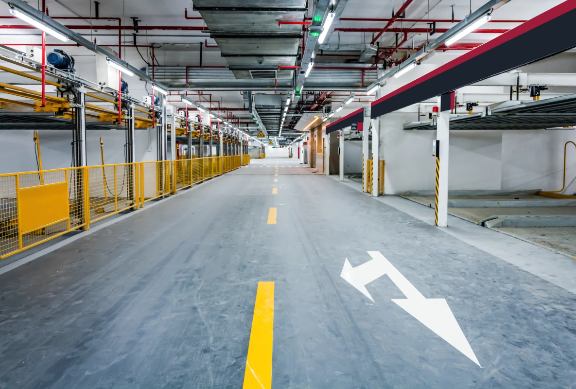 Fresh striping and markings in a retail parking structure