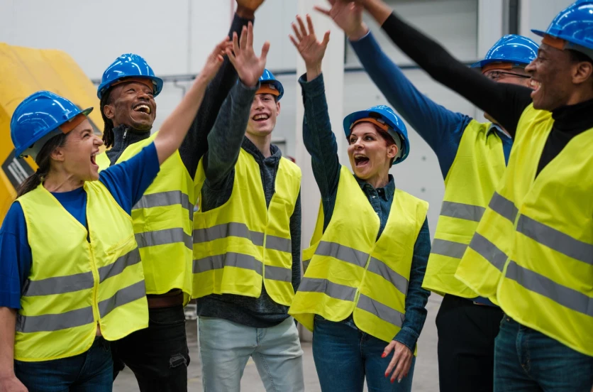 An FSG crew in high-visibility vests with hands raised at the end of a shift