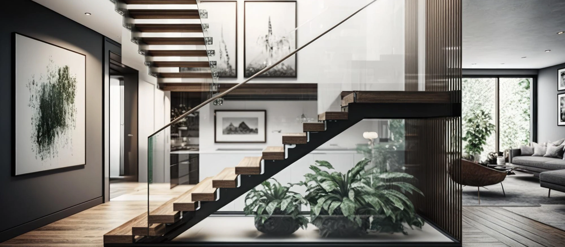 An interior with a dark floating staircase and glass balustrade