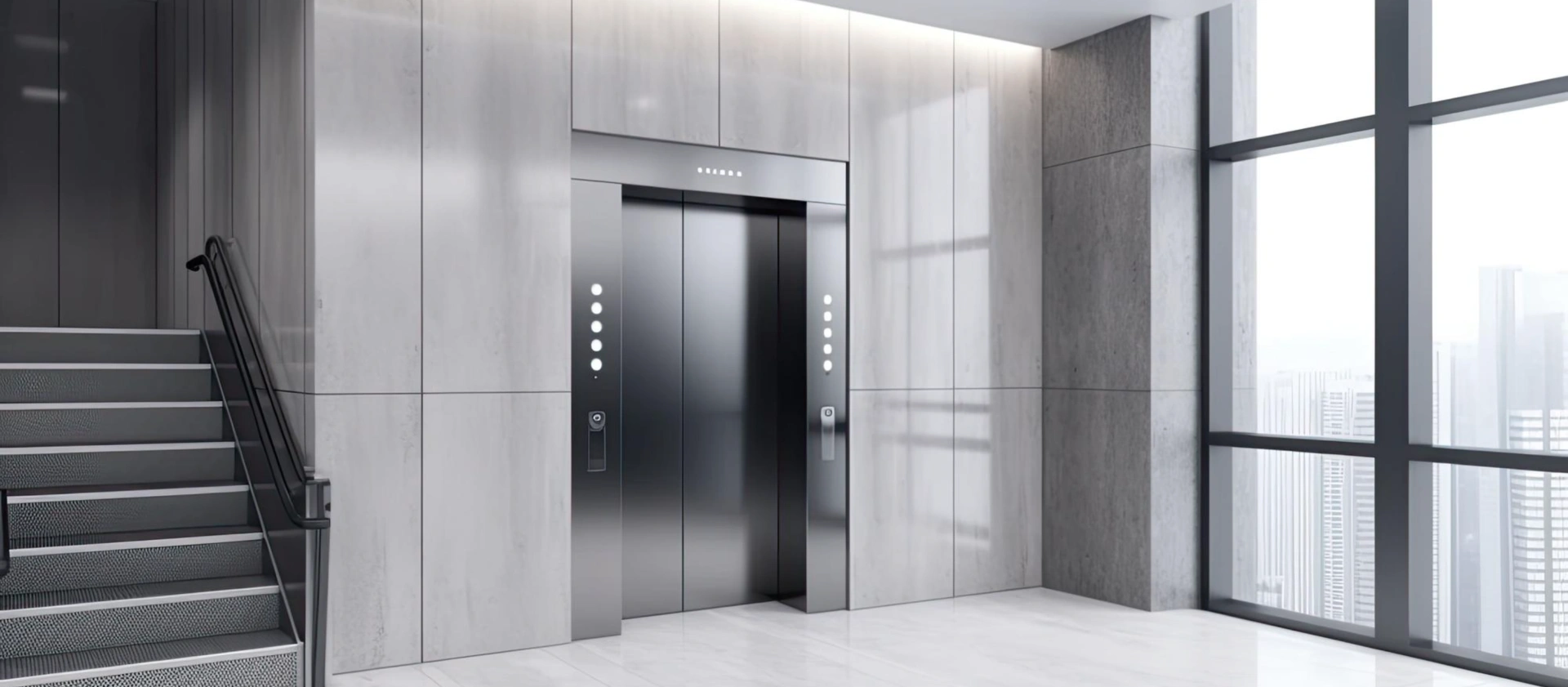 A stone-clad elevator lobby with stainless steel doors